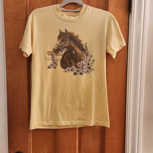 Y2K Vintage Horse+Flowers T-Shirt, Butter Yellow, Western, Cowboycore, Sz S - Picture 3 of 7